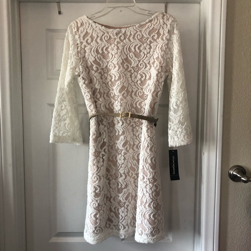 Size 4 Sharagano Cream Lace Dress w/Bell Sleeves